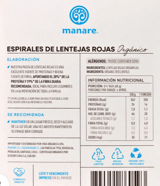 Espirales de Lentejas Rojas Org. - Manare 250 g1