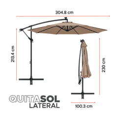 Quitasol Terraza 360° 3x3 mt Panel Solar Luz Led Khaki oscuro Vincenzi