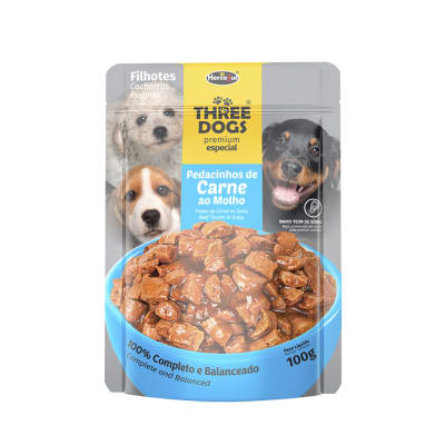 THREE DOGS ORIGINAL 100 GRS. POUCH CACHORRO CARNE1