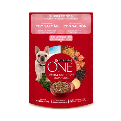 PURINA ONE 85 GRS. POUCH PERRO ADULTO & CACHORRO SUPER FOODS SALMON
