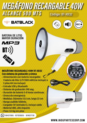 Megafono Recargable 40W Usb-Bluetooth Batblack BT-XB321