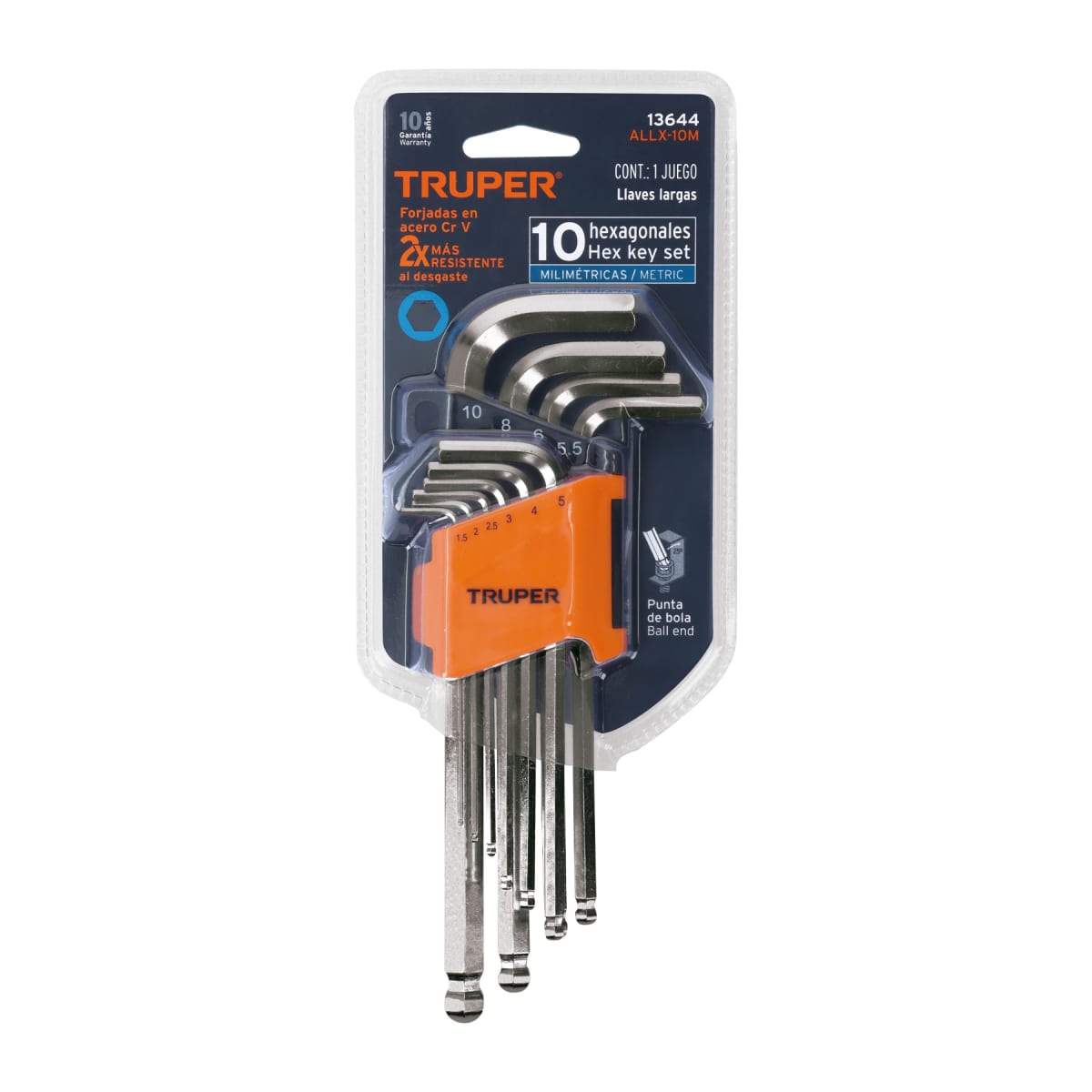 Juego de llaves allen largas punta de bola 10 piezas con organizador de plástico Truper 136445