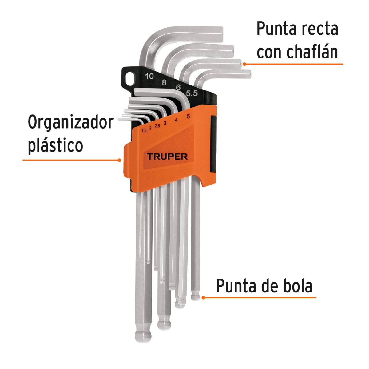 Juego de llaves allen largas punta de bola 10 piezas con organizador de plástico Truper 136442