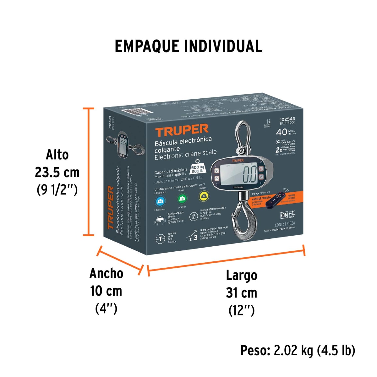Balanza Electrónica Recargable Tipo Colgante 500 Kg Truper 1025435