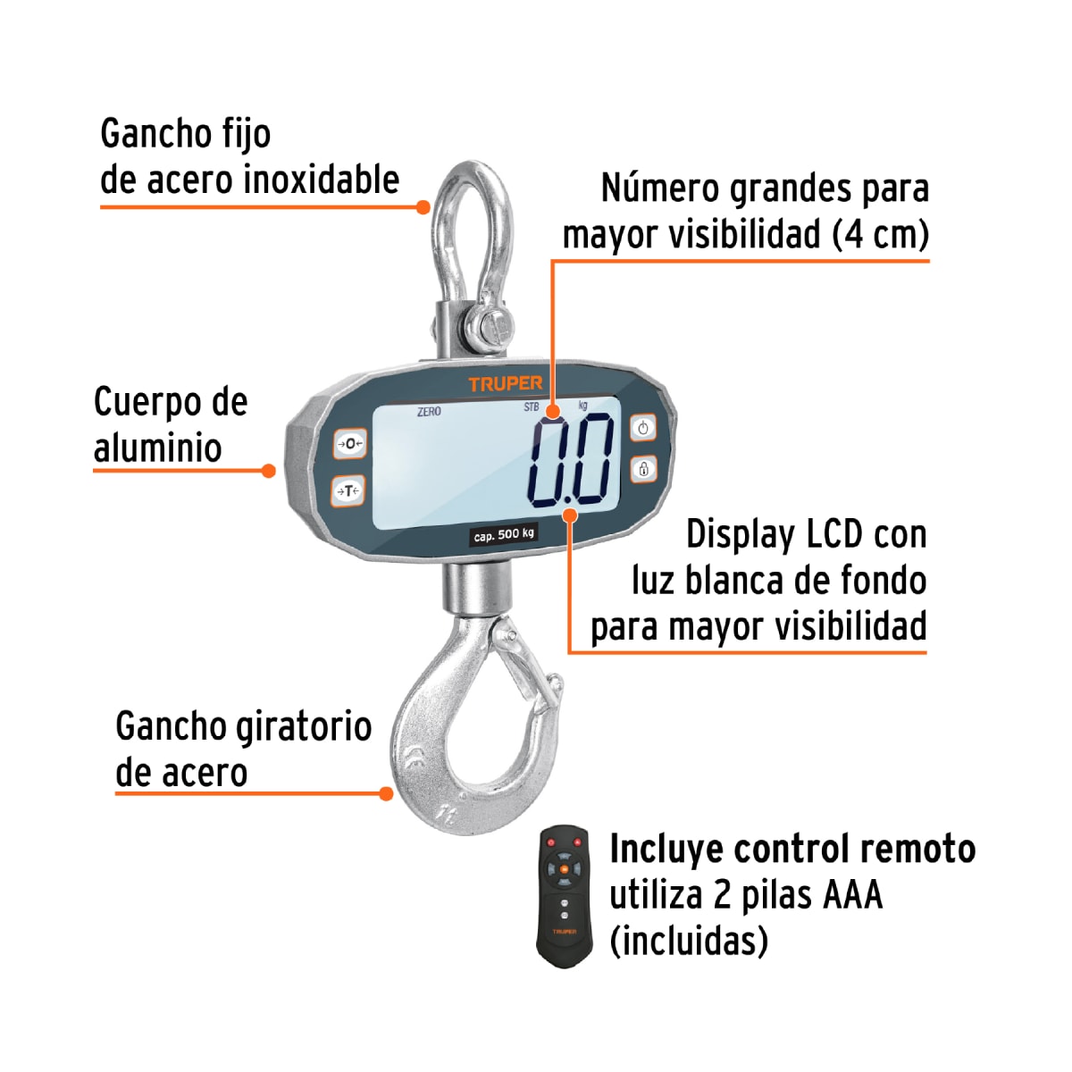 Balanza Electrónica Recargable Tipo Colgante 500 Kg Truper 1025432