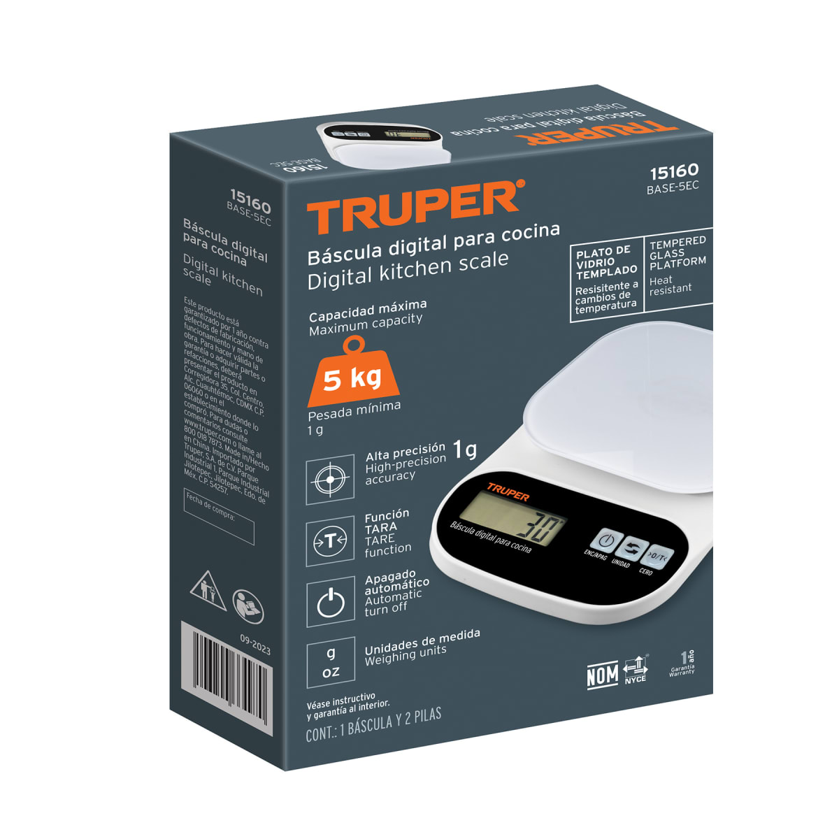 Balanza Digital para Cocina 5 kg Plato de Cristal Truper 151604