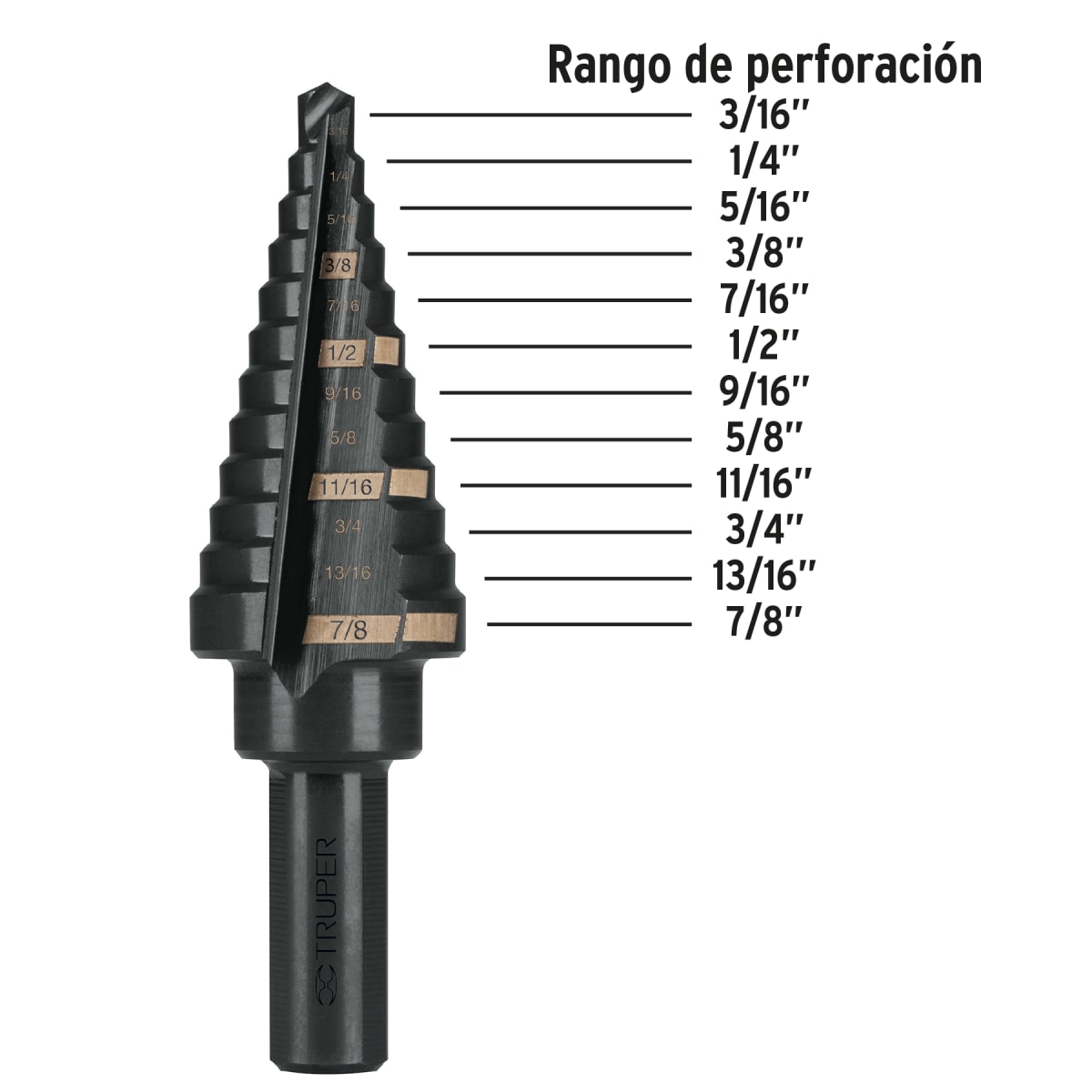 Broca escalonada óxido negro 12 escalones 3/16' - 7/8' Truper2