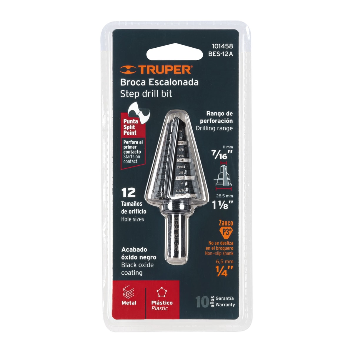 Broca escalonada óxido negro 12 escalones 7/16” a 1-1/8”Truper4