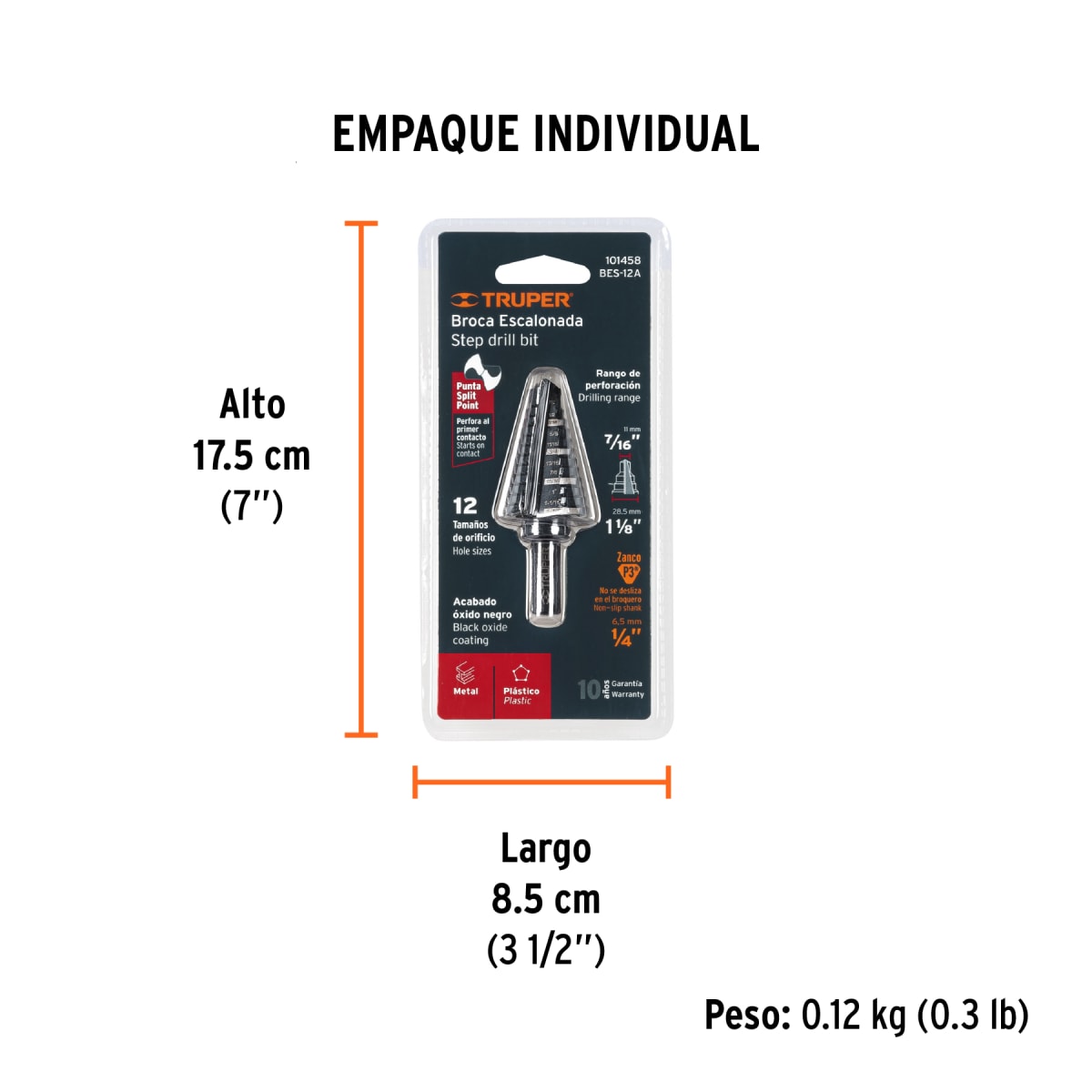 Broca escalonada óxido negro 12 escalones 7/16” a 1-1/8”Truper6