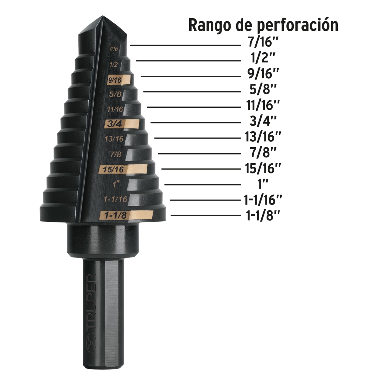 Broca escalonada óxido negro 12 escalones 7/16” a 1-1/8”Truper2