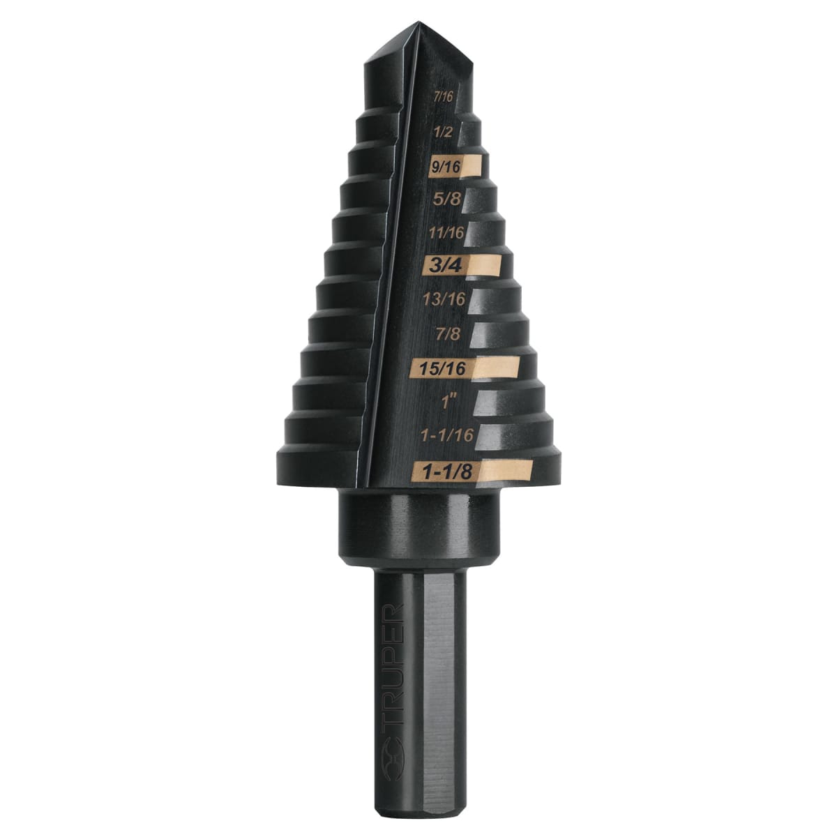 Broca escalonada óxido negro 12 escalones 7/16” a 1-1/8”Truper 0