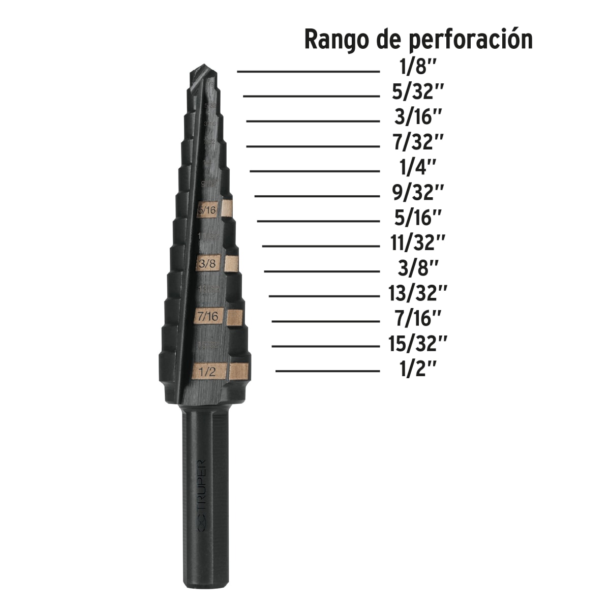 Broca escalonada óxido negro 13 escalones 1/8' a 1/2 Truper2