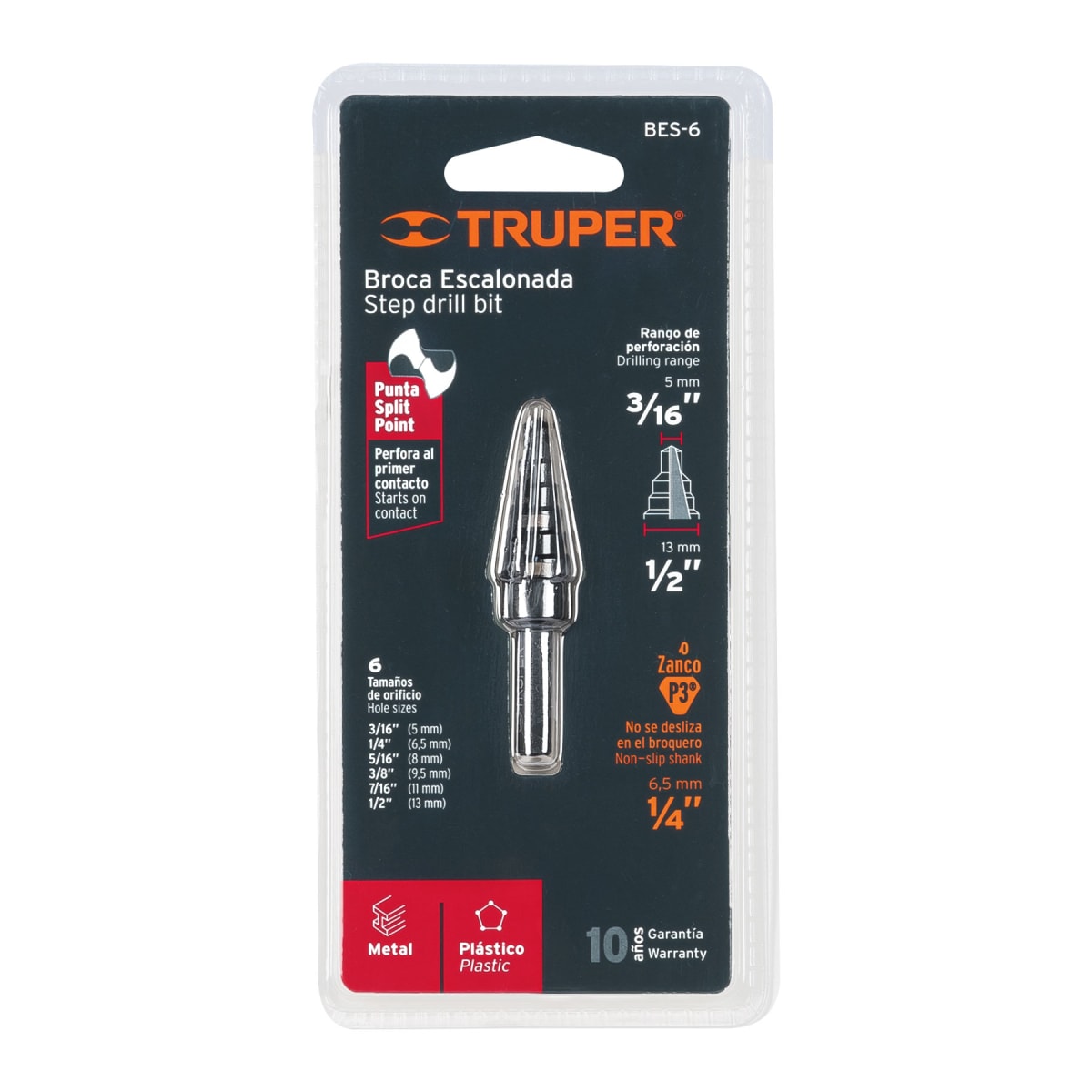 Broca escalonada óxido negro Truper 6 escalones 3/16' a 1/2' Truper6