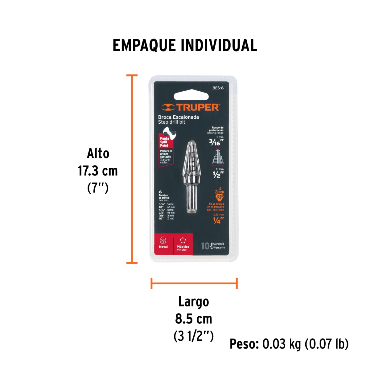 Broca escalonada óxido negro Truper 6 escalones 3/16' a 1/2' Truper5