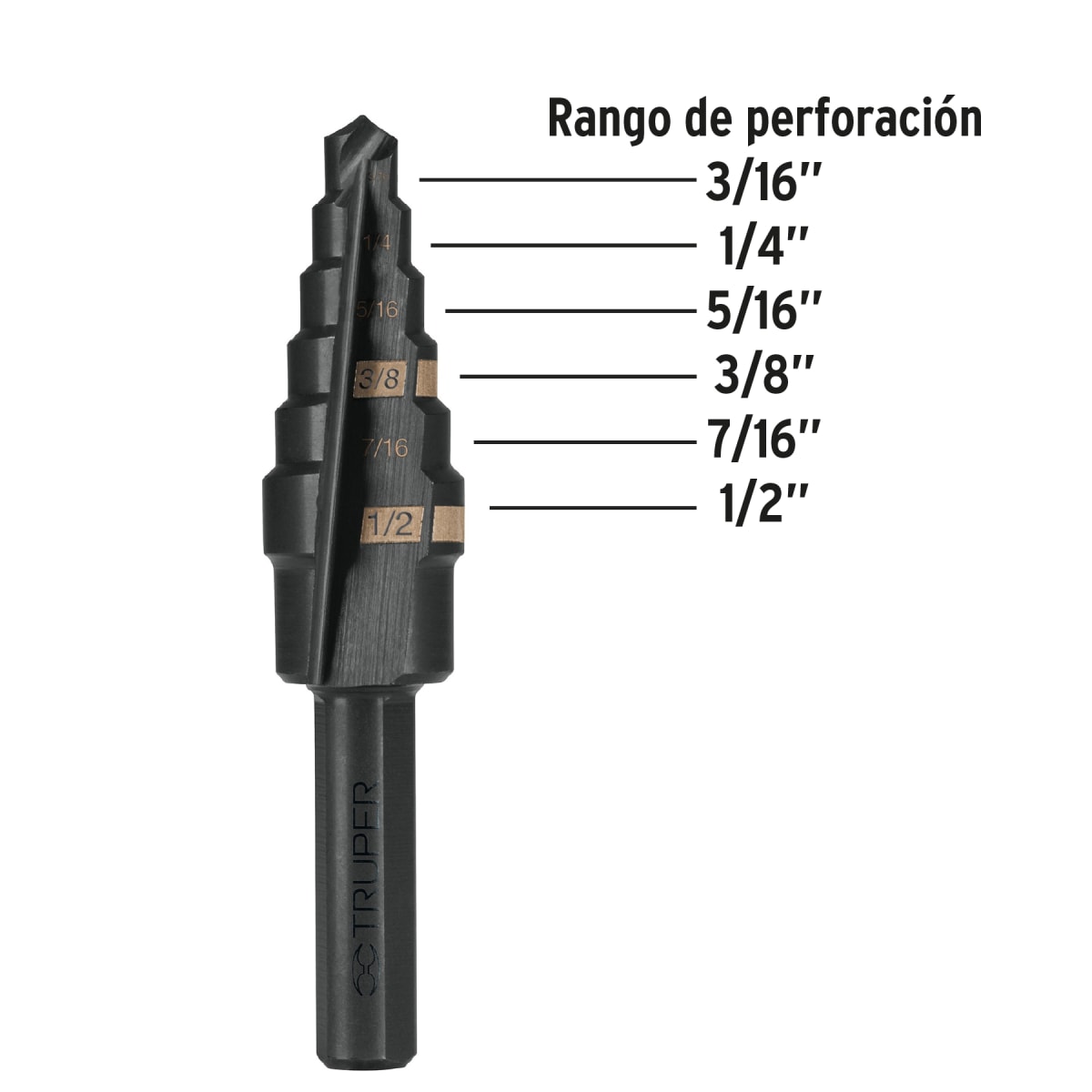 Broca escalonada óxido negro Truper 6 escalones 3/16' a 1/2' Truper2