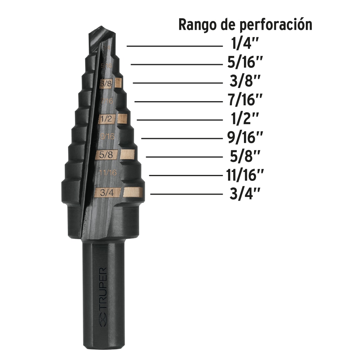 Broca escalonada óxido negro 9 escalones 1/4' a 3/4' Truper2
