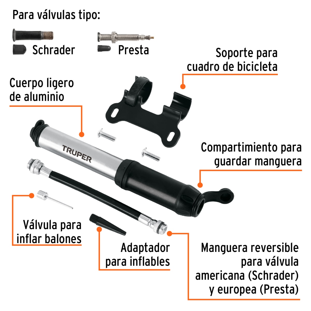 Mini inflador manual de aluminio para bicicleta, 75 psi Truper 119973