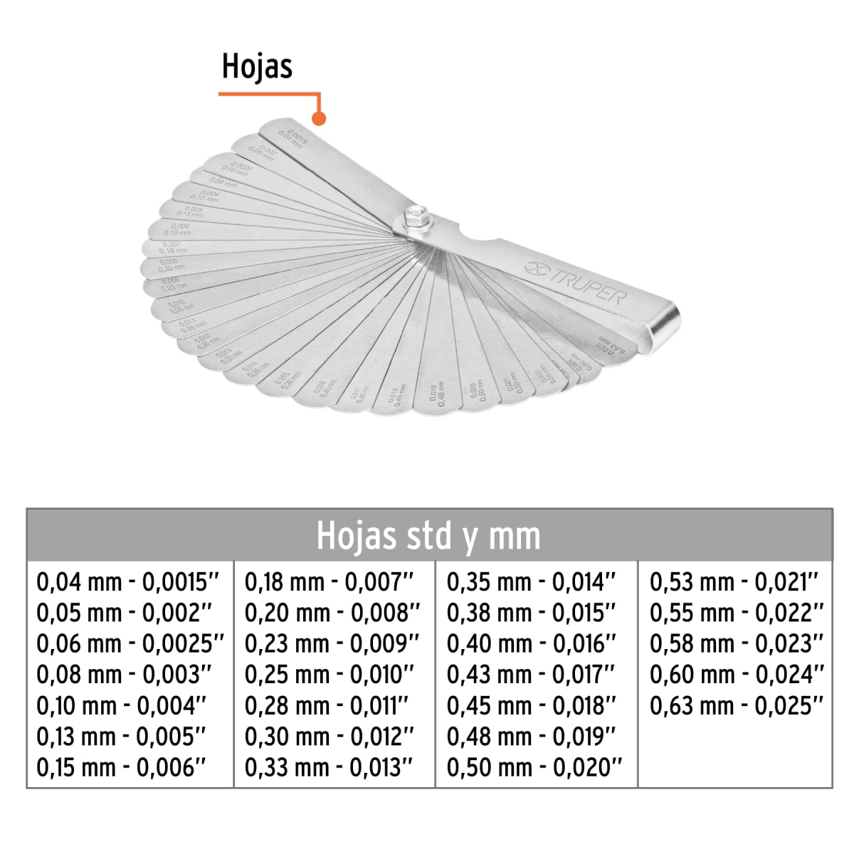 Calibrador De Bujías y válvulas 26 hojas STD / MM Truper 143963