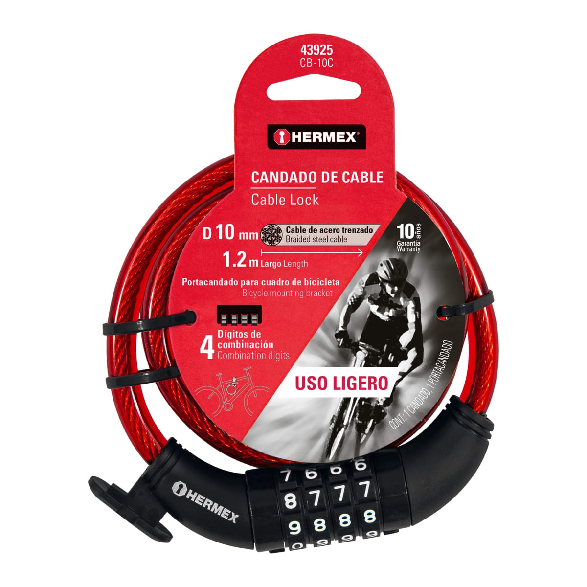 Candado De Cable Tipo Combinación 10 mm x 1.2 Mt Hermex 439253