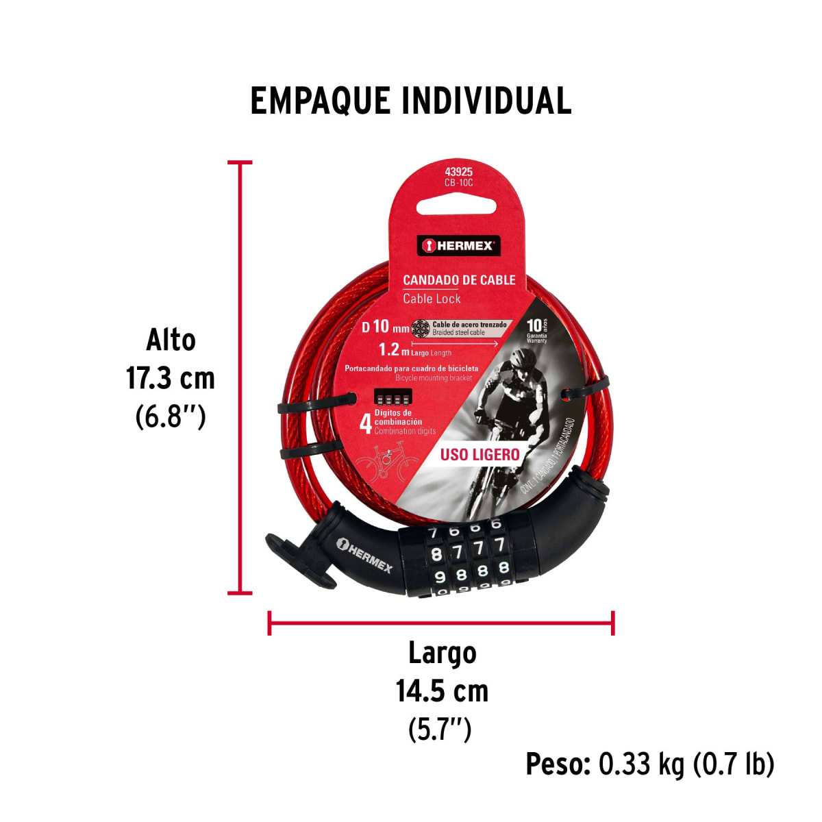 Candado De Cable Tipo Combinación 10 mm x 1.2 Mt Hermex 439254