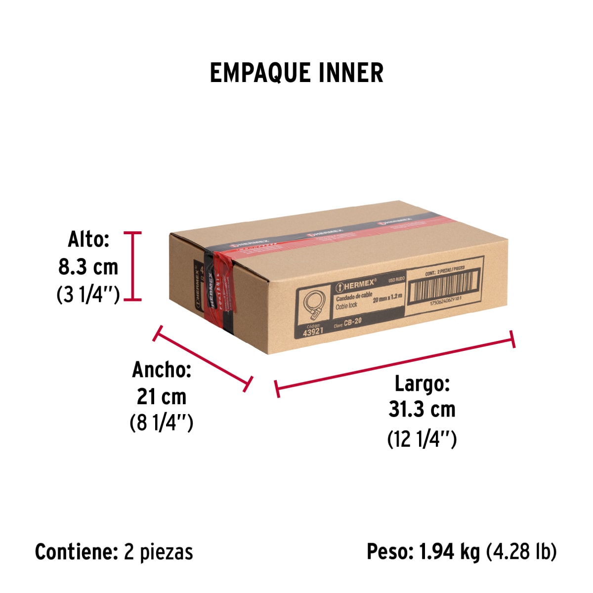 Candado De Cable Con Llave 20 mm x 1.20 Mt Hermex 439215