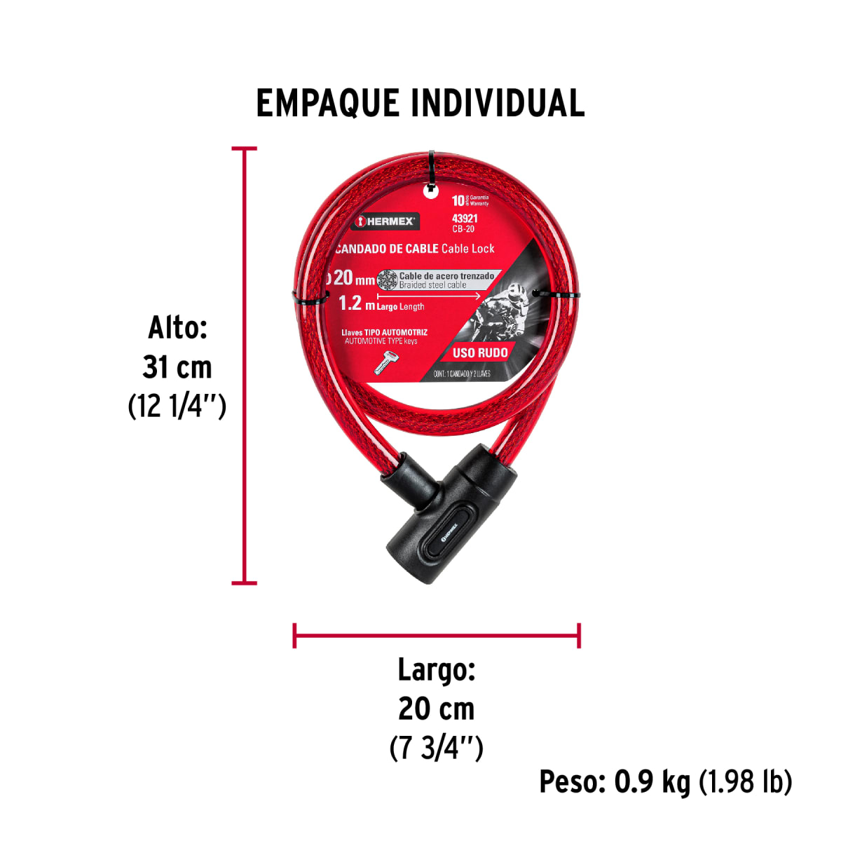 Candado De Cable Con Llave 20 mm x 1.20 Mt Hermex 439214
