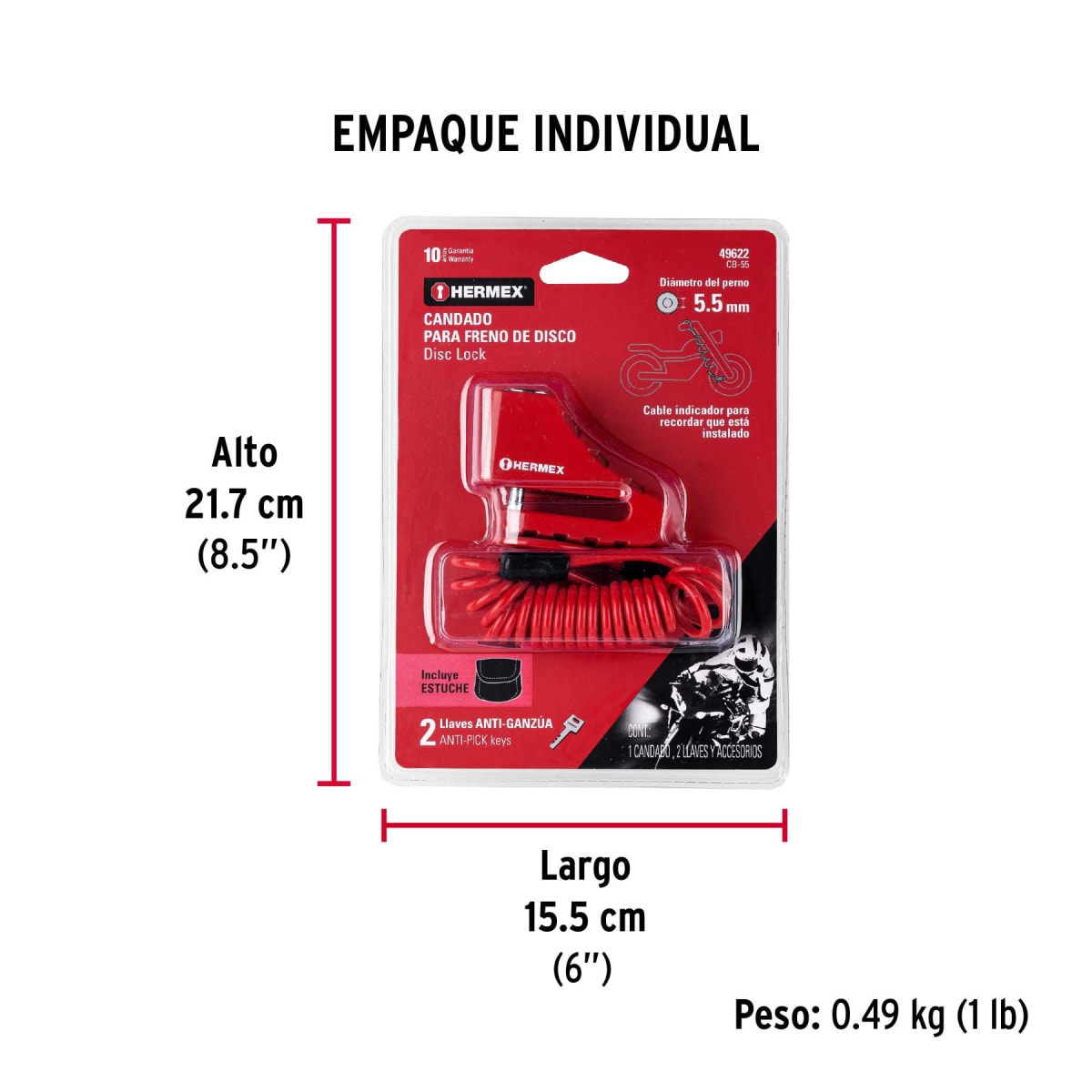 Candado Antirrobo Para Moto Con Frenos De Disco 5.5 mm  Hermex 496226