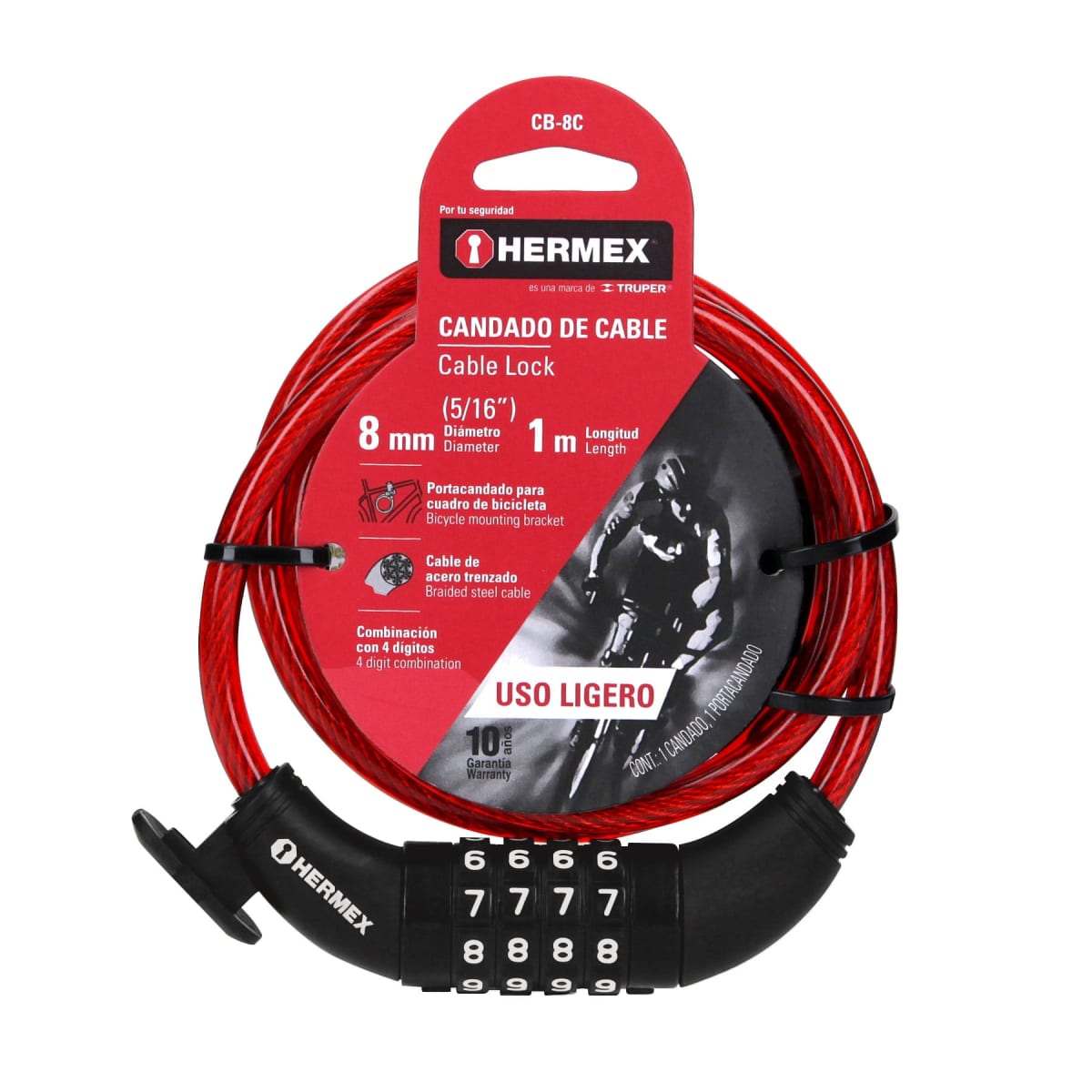Candado De Cable Tipo Combinación 8 mm x 1 Mt Hermex 439244