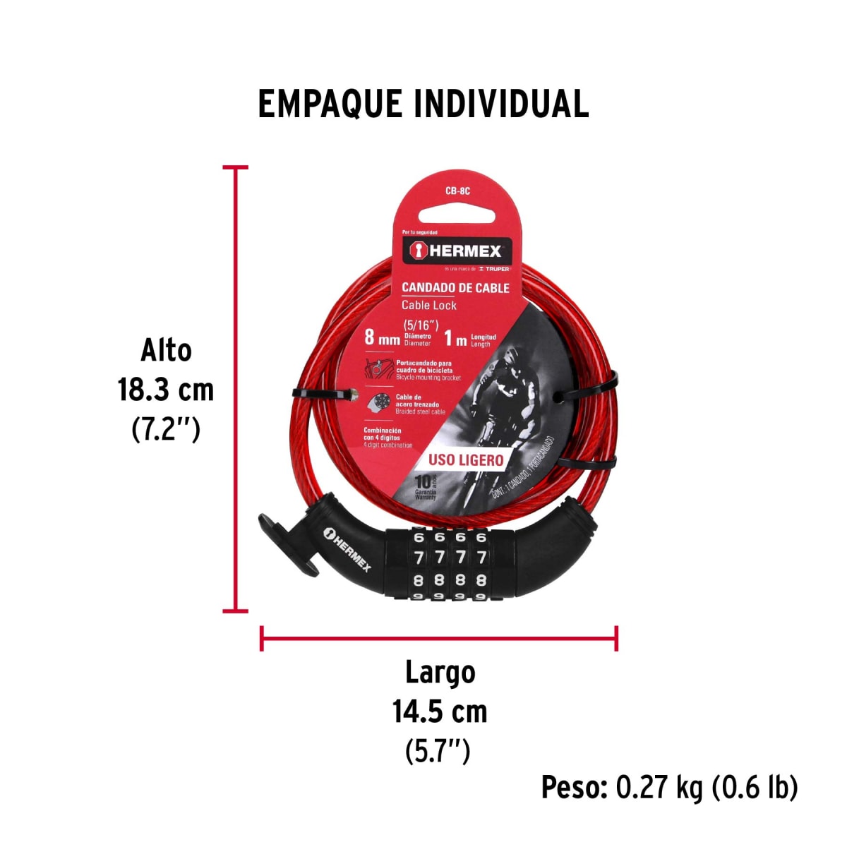 Candado De Cable Tipo Combinación 8 mm x 1 Mt Hermex 439243