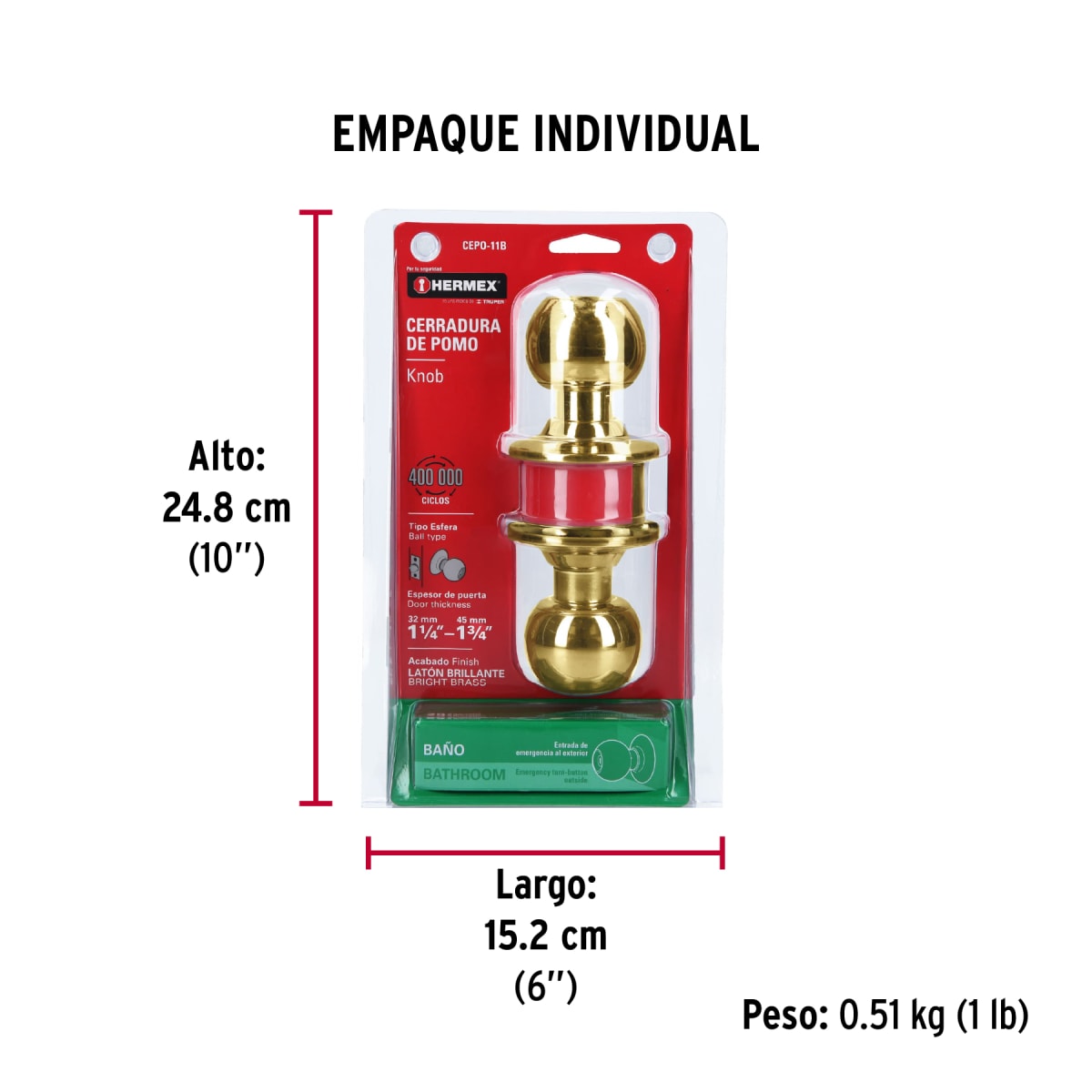 Cerradura Pomo Latón Brillante Baño Hermer 434716