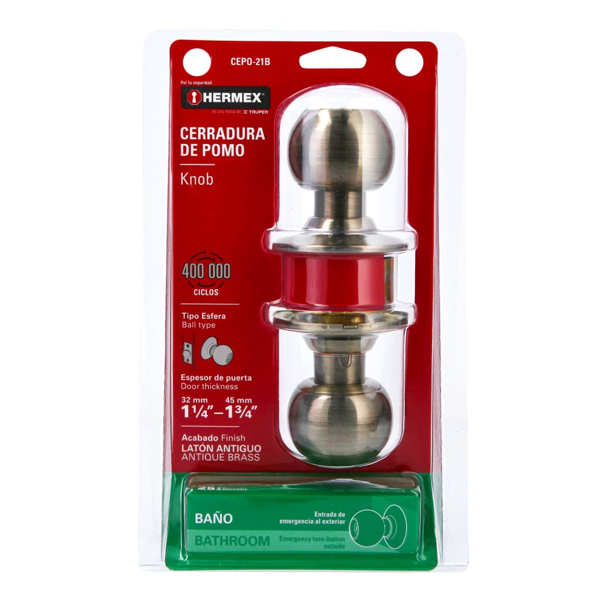 Cerradura Pomo Acero Inox Latón antiguo Baño Hermex 434689