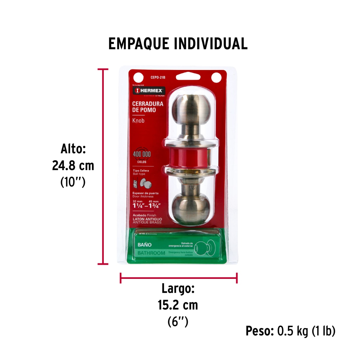 Cerradura Pomo Acero Inox Latón antiguo Baño Hermex 434686