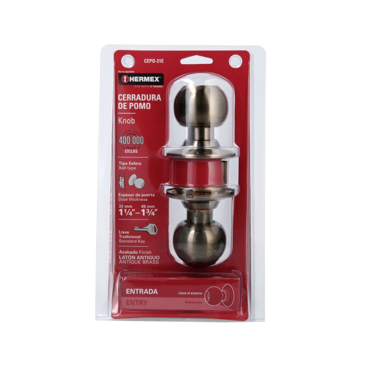 Cerradura Pomo Acero Inox Latón antiguo Entrada Hermex 4346910