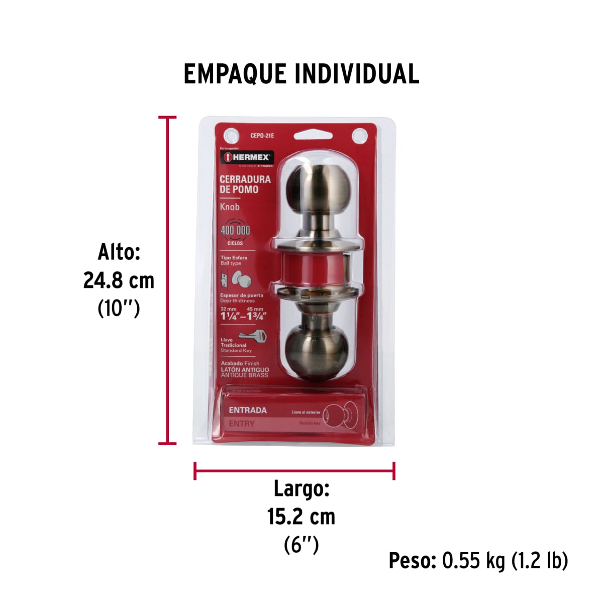 Cerradura Pomo Acero Inox Latón antiguo Entrada Hermex 434697