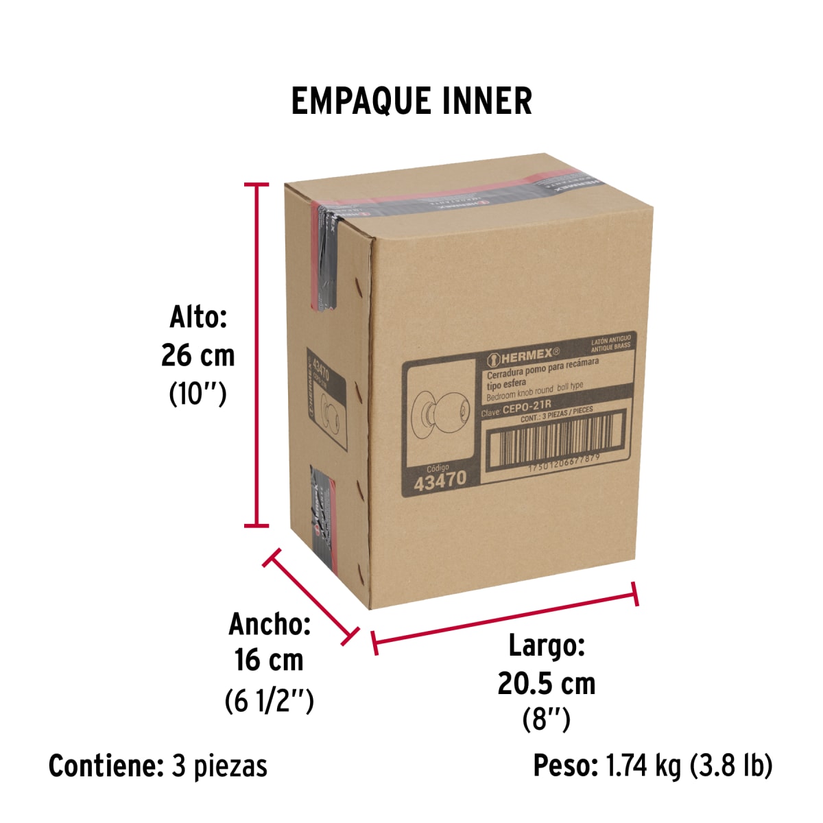 Cerradura Pomo Acero Inox Latón antiguo Habitación Hermer 434706