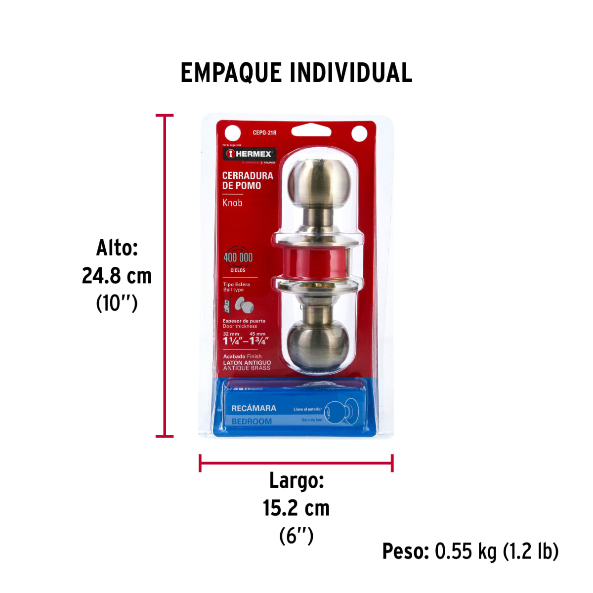 Cerradura Pomo Acero Inox Latón antiguo Habitación Hermer 434707