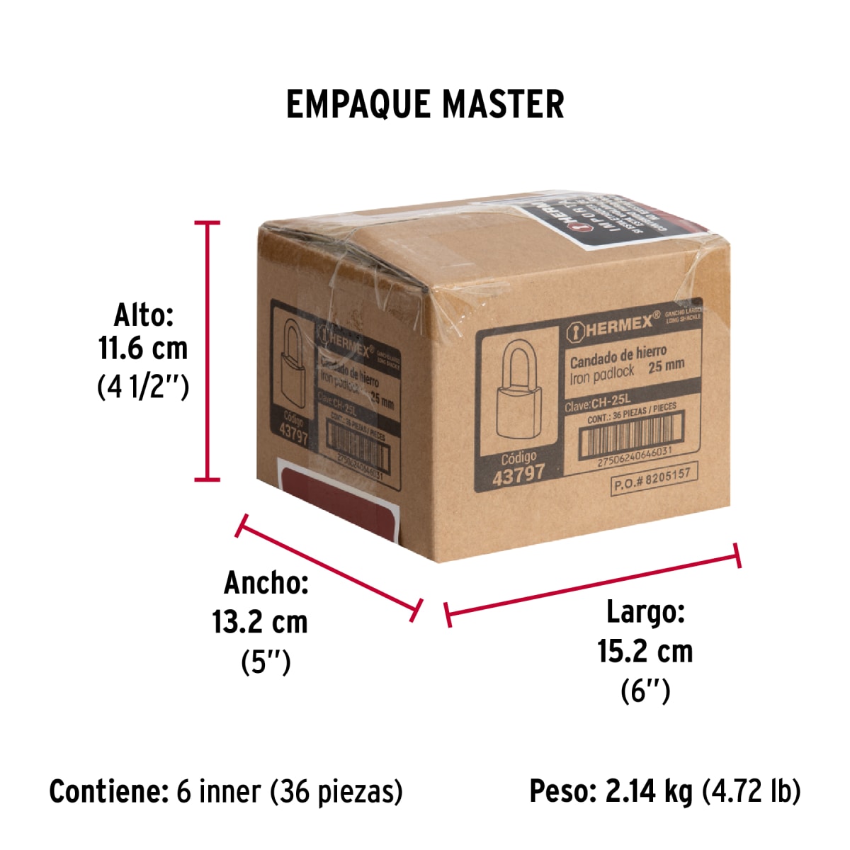 Candado Cuerpo De Hierro Arco Largo 25 Mm Truper 437979