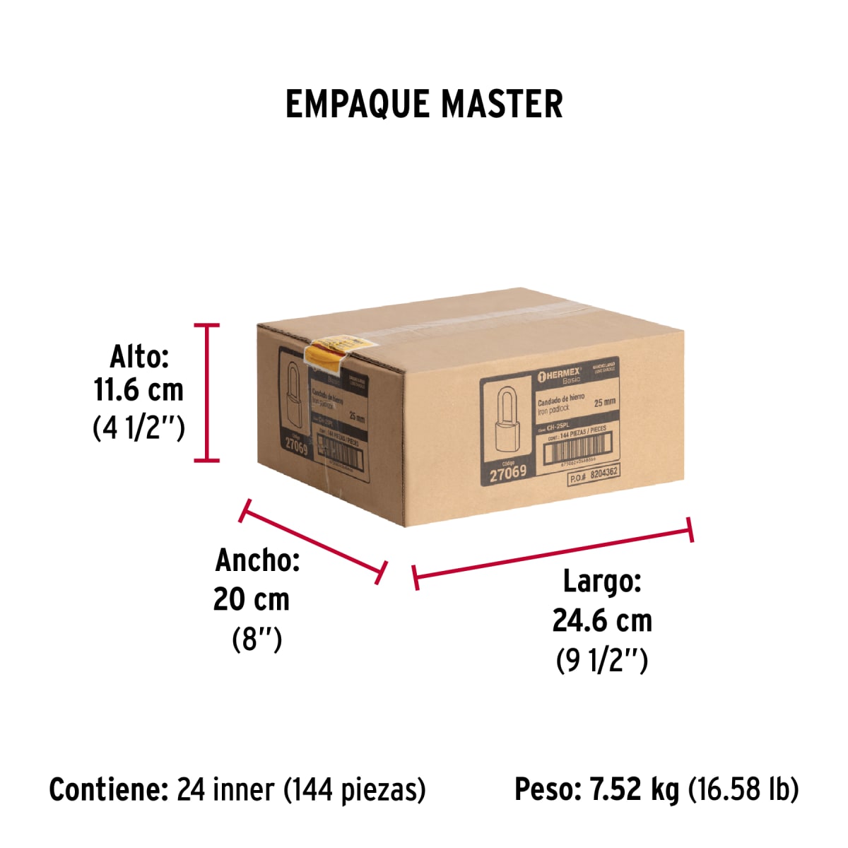 Candado De Fierro 25 Mm Color Latón Arco Largo Truper 270699