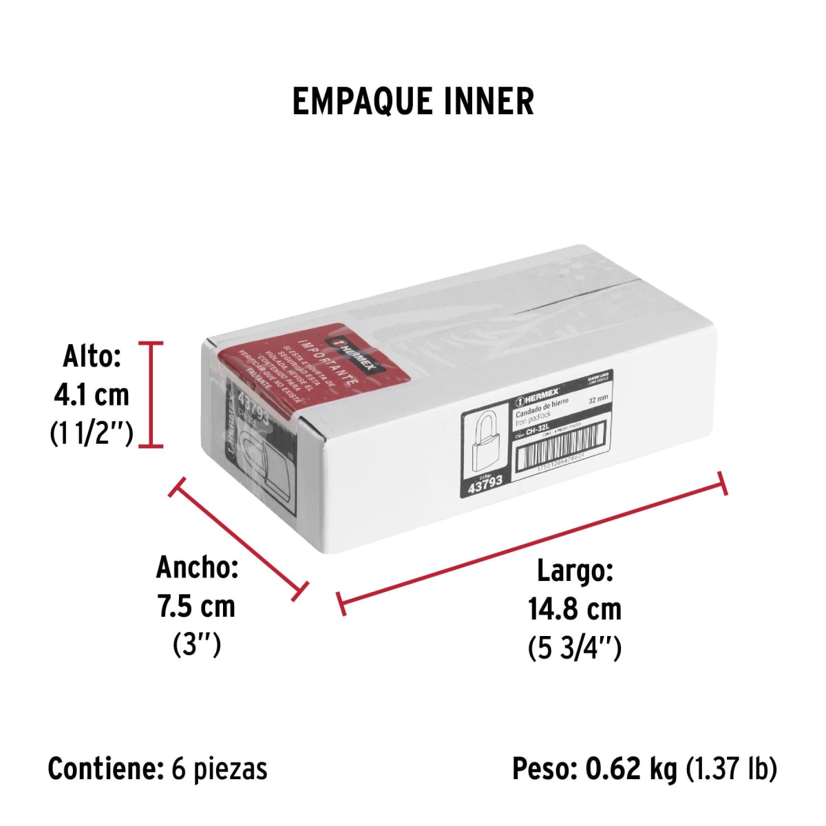 Candado cuerpo de hierro, arco largo Hermexn 437937