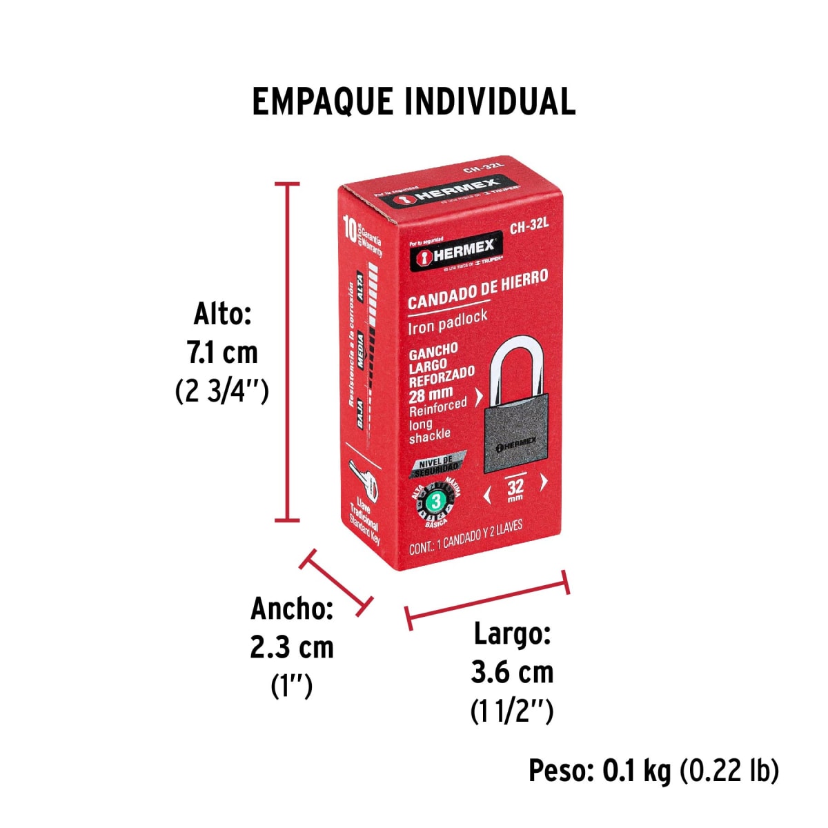 Candado cuerpo de hierro, arco largo Hermexn 437938