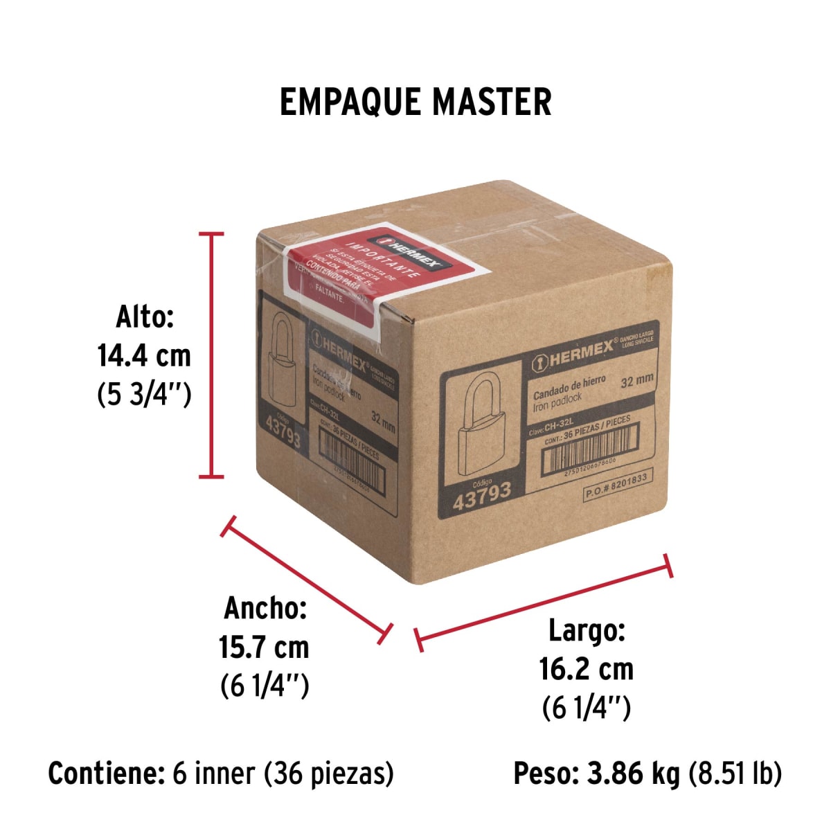 Candado cuerpo de hierro, arco largo Hermexn 437939