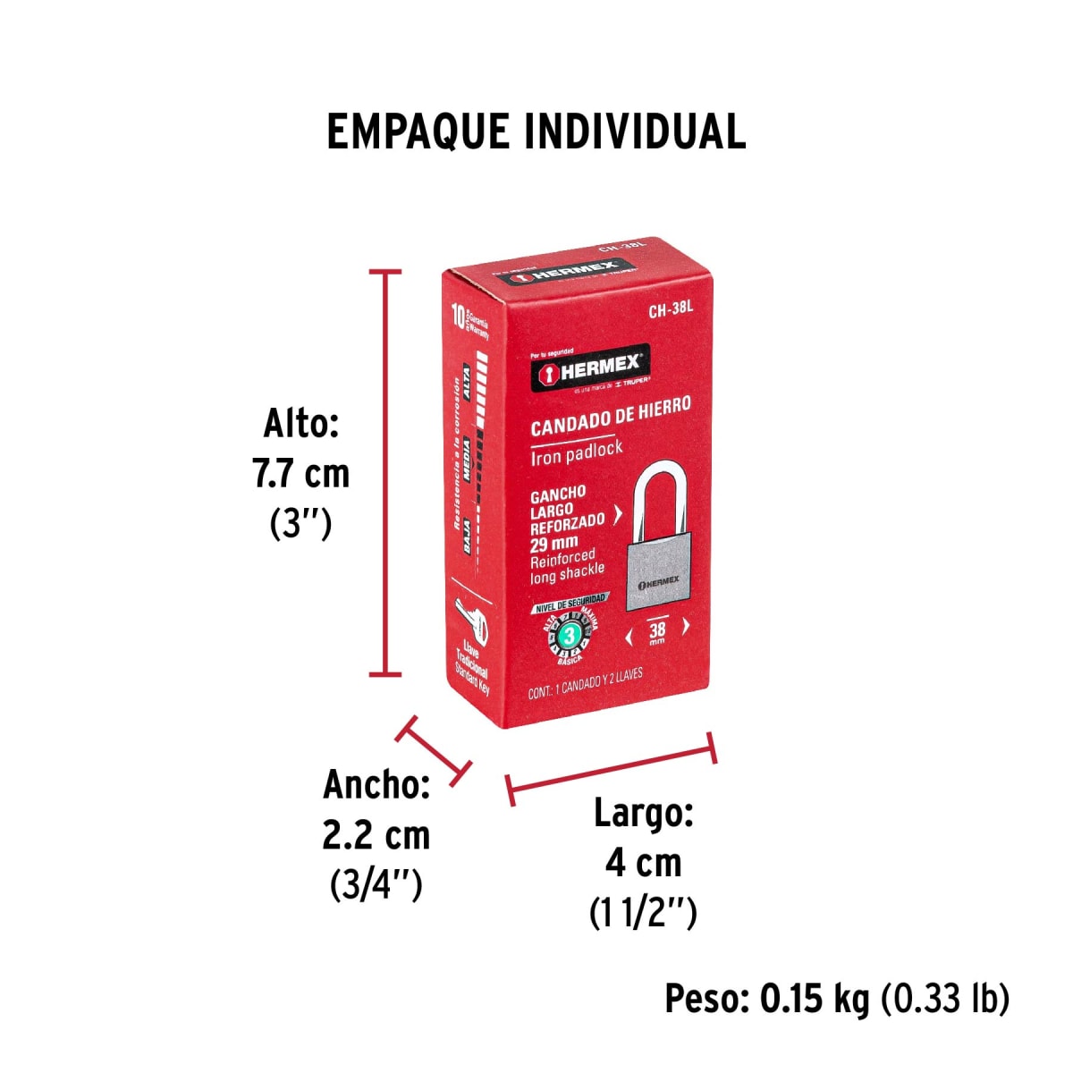 Candado Cuerpo De Hierro Arco Largo 38 Mm Hermex 433238
