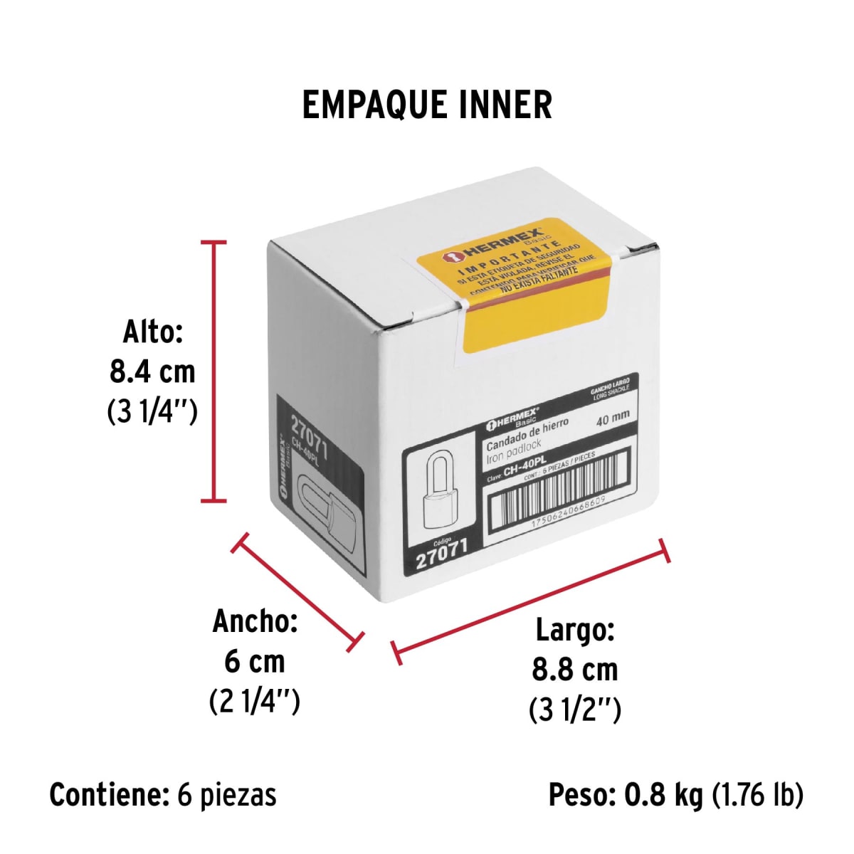 Candado De Fierro 40 Mm Color Latón Arco Largo Hermex 270716