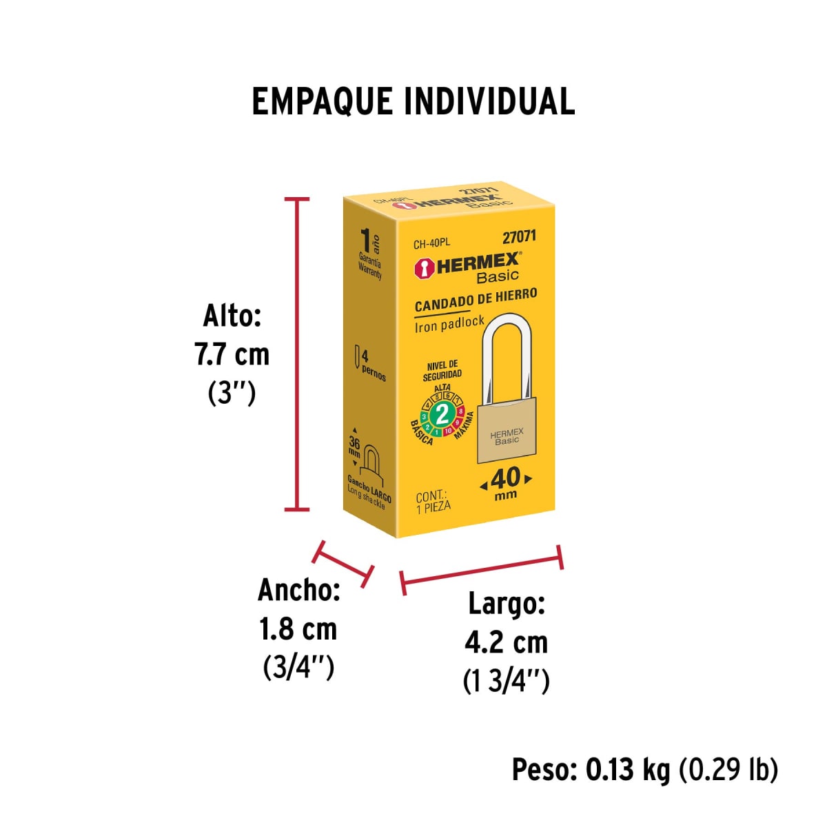 Candado De Fierro 40 Mm Color Latón Arco Largo Hermex 270717