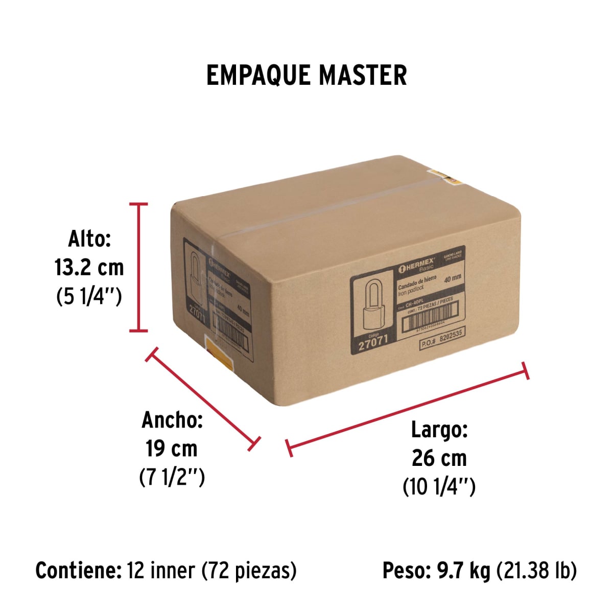 Candado De Fierro 40 Mm Color Latón Arco Largo Hermex 270718