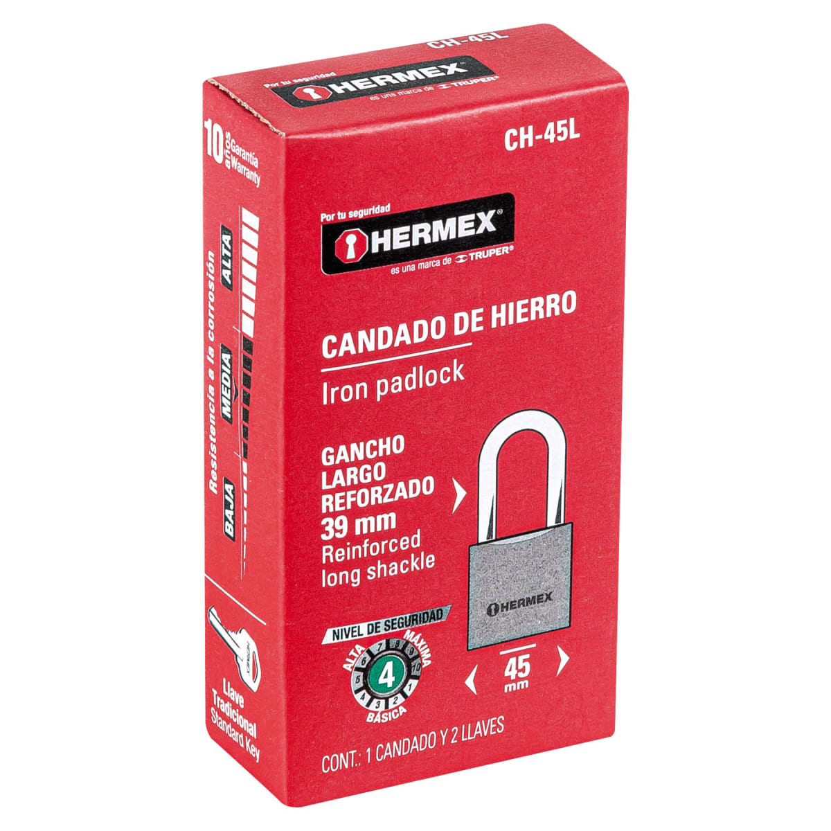 Candado Cuerpo De Hierro Arco Largo 45 Mm Hermex 433246