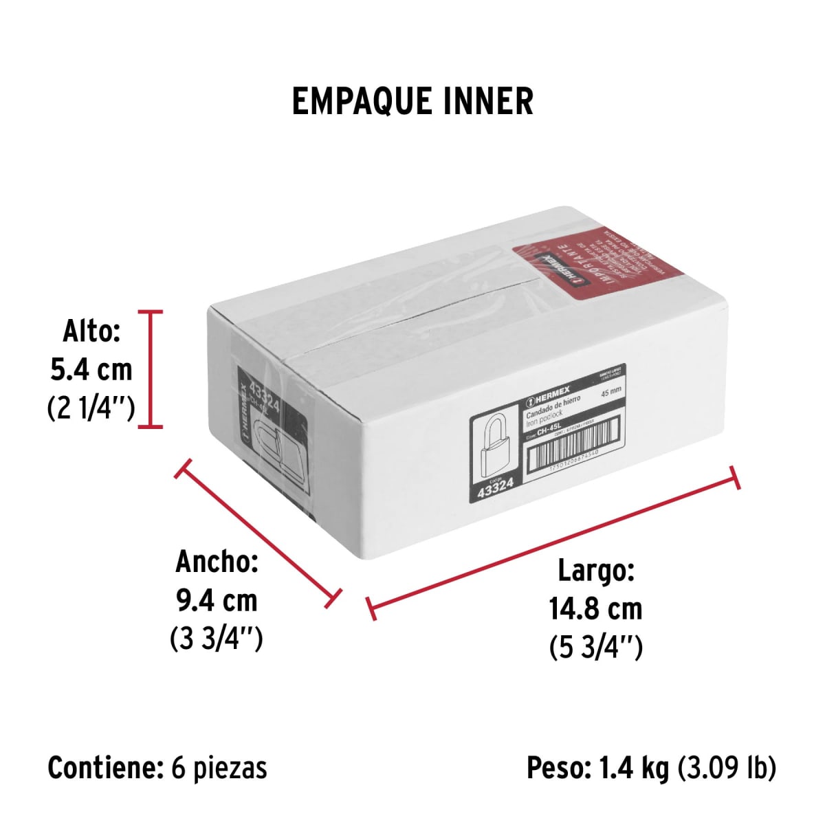 Candado Cuerpo De Hierro Arco Largo 45 Mm Hermex 433247