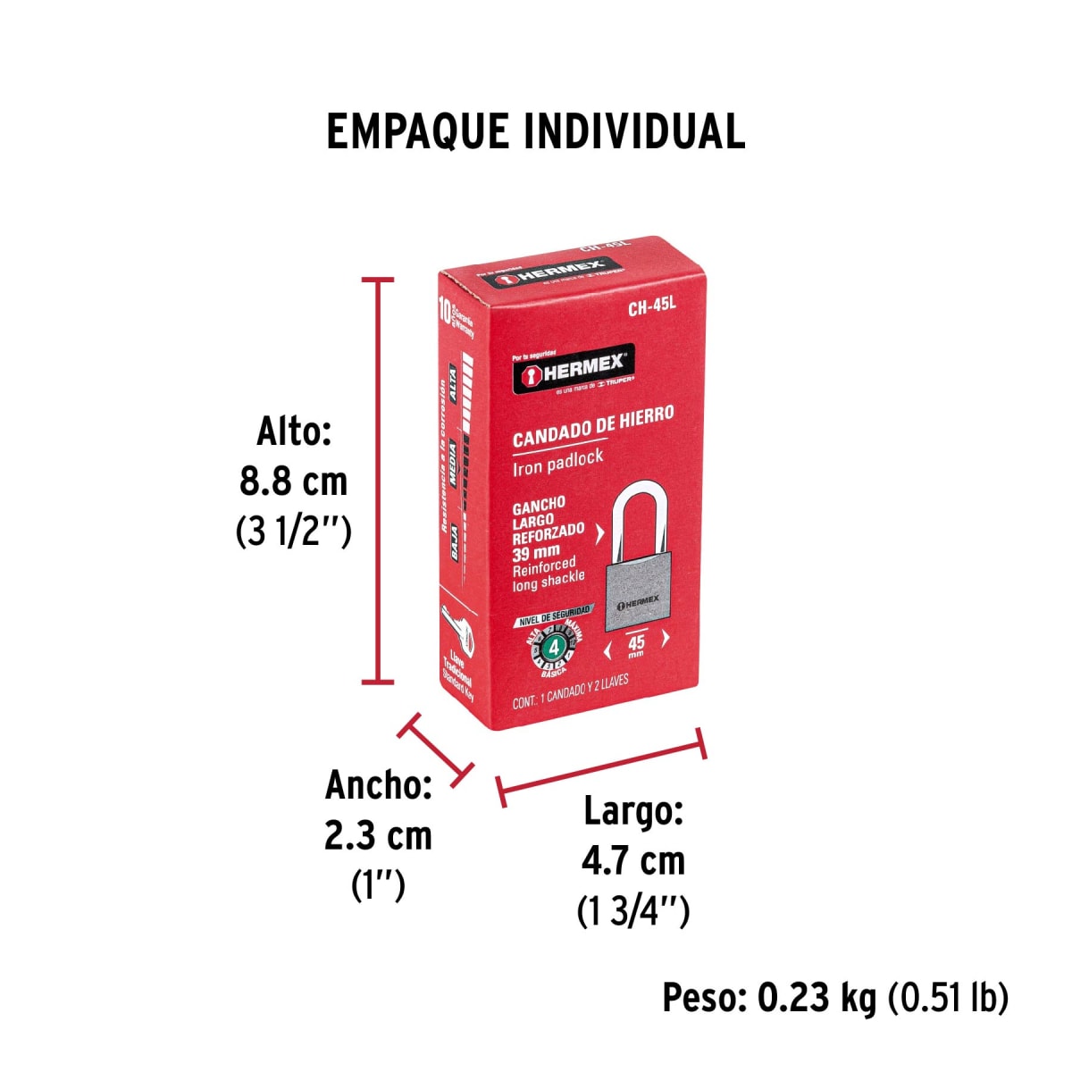 Candado Cuerpo De Hierro Arco Largo 45 Mm Hermex 433248