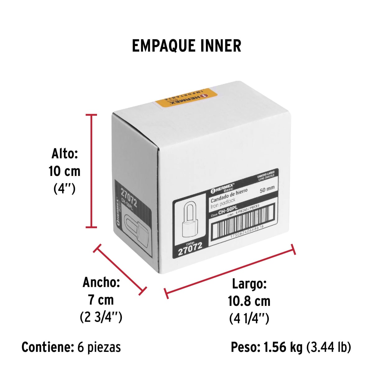 Candado De Fierro 50 Mm Color Latón Arco Largo Hermex 270726