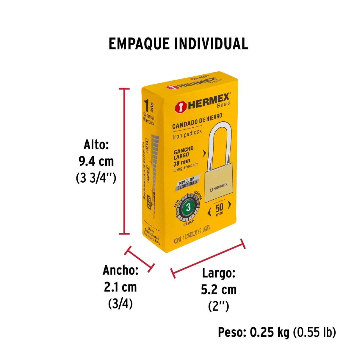 Candado De Fierro 50 Mm Color Latón Arco Largo Hermex 270727